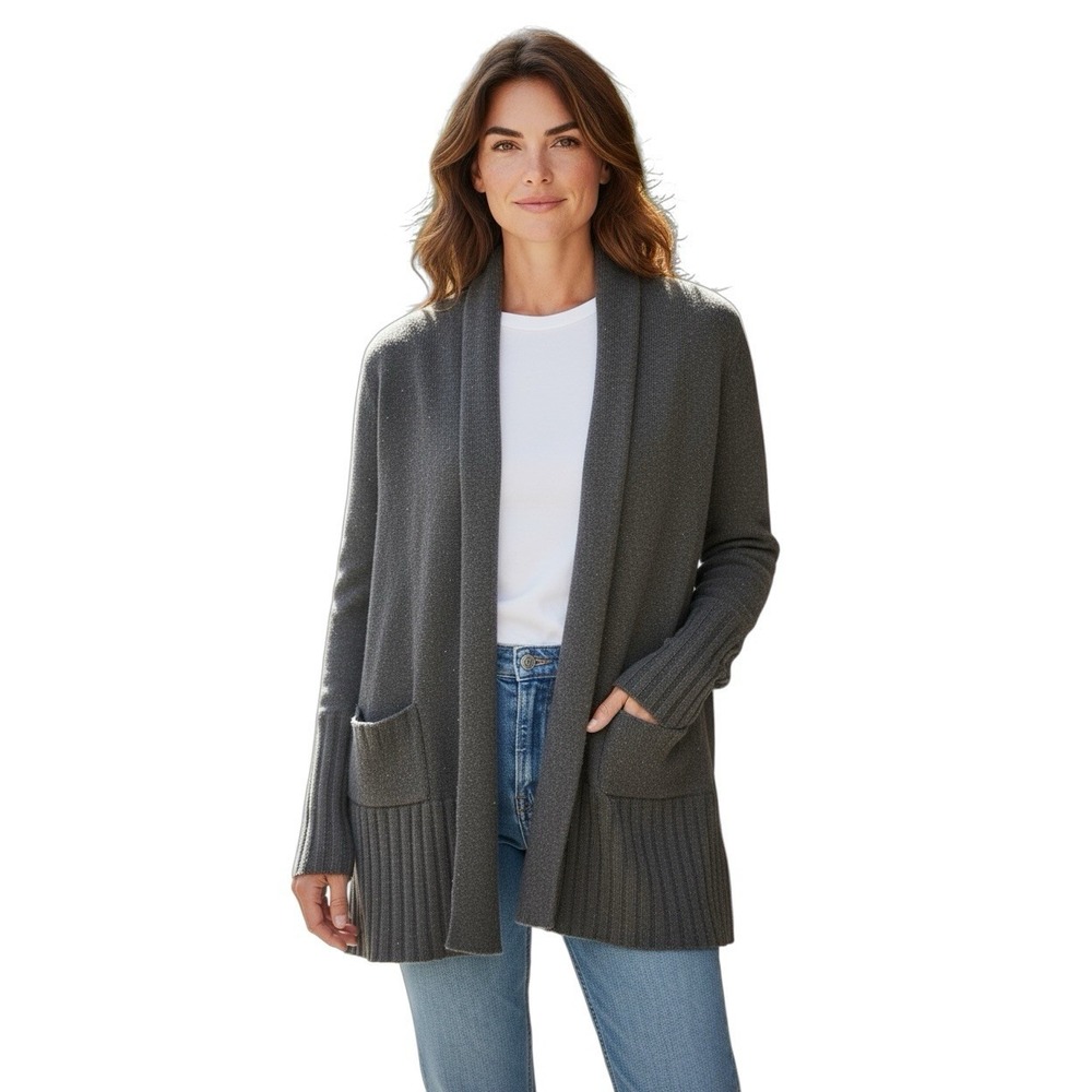 Aqua 100% Cashmere Black Open Front Cardigan Sweater Ribbed Hem‎ Size Medium